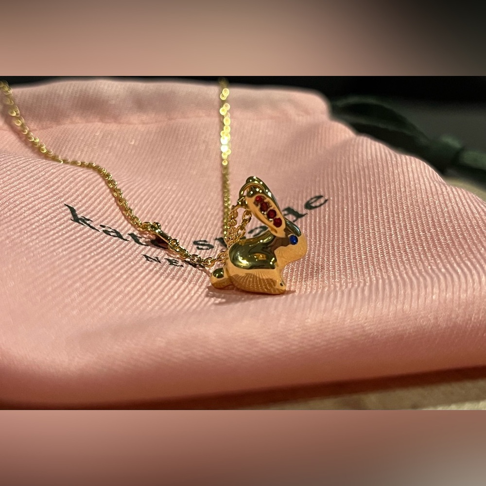 kate spade gold-tone bunny necklace and bunny stud earrings with pink pouch new - Picture 4 of 5